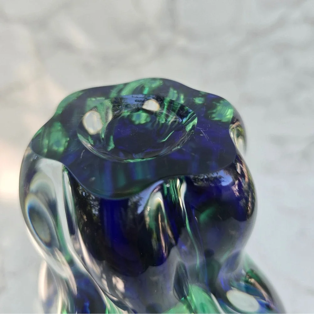 Royal Gallery Poland Art Glass Vase Blue Green Pulled Rim 1999 Federated 10 inch